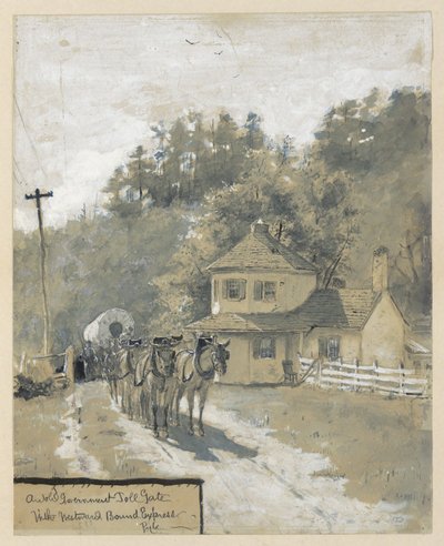Vanha valtion tulliasema ja länteen matkaava pikavaunu, piirros William Henry Rideingin artikkelin "The Old National Pike" kuvitusta varten tekijältä Howard Pyle