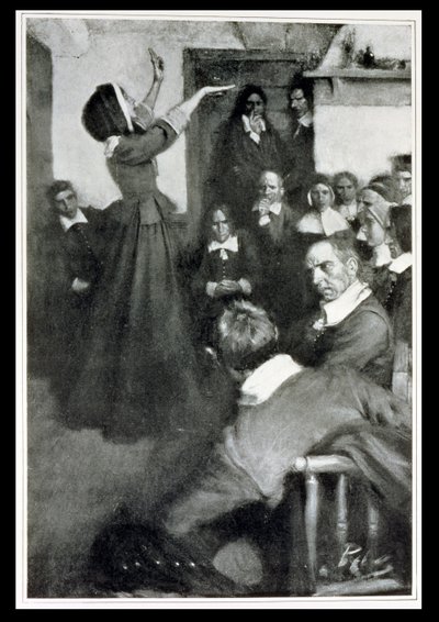 Anne Hutchinson saarnaa talossaan Bostonissa, 1637, kuvitus Woodrow Wilsonin teoksesta Colonies and Nation, pubi. Harper