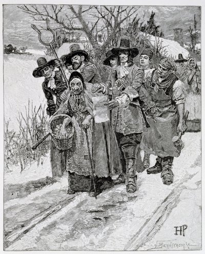 Arresting a Witch, kaiverrettu J. Bernstrom, kuvitus Thomas Wentworth Higginsonin teoksesta The Second Generation of Englishmen in America, pub. Harper