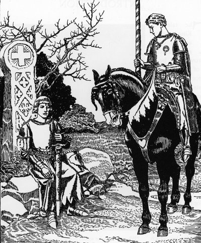Arthurian Legend: Galahad Meets Melyas de Lyle Howard Pylen (1853-1911) kuvitus teoksesta Graalin ja Arthurin kuoleman tarina” 1910 Yksityinen kokoelma tekijältä Howard Pyle