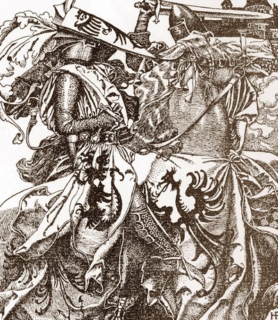Arthurian Legenda: Kay (Keu), pyöreän pöydän ritari, murtaa miekkansa turnauksessa (Sir Kay, pyöreän pöydän ritari, murtaa miekkansa turnauksessa) Howard Pylen (1853-1911) kuvitus teoksesta Tarina kuningas Arthurista ja hänen ritareistaan”” 190 tekijältä Howard Pyle