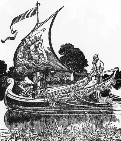 Arthurian Legenda: Kuolleiden proomu tuo kuningas Arthurin ruumiin Howard Pylen (1853-1911) kuvitus "Sir Launcelotin ja hänen seuralaistensa tarinasta" 1907 yksityiskokoelma tekijältä Howard Pyle