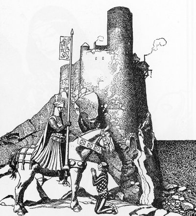 Lenda Arturiana: Tristão chegando ao Castelo de Nabon (Sir Tristam chegando ao castelo de Sir Nabon) Ilustração de Howard Pyle (1853-1911) de “A História dos campeões da mesa redonda”” 1905 Coleção particularfinlandês tekijältä Howard Pyle