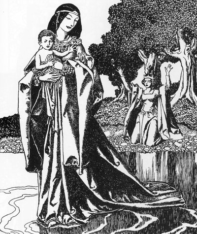 Arthurian Legenda: la dame du Lacableve Lancelot enfant (Lady of the Lake kantaa Lancelotin) Howard Pylen (1853-1911) kuvitus teoksesta "Pyöreän pöydän mestareiden tarina" 1903 Yksityinen kokoelma tekijältä Howard Pyle