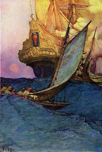Merirosvojen hyökkääminen galleoniin. Amerikkalaisen kuvittajan Howard Pylen (1853-1911) "" Pirates Buccaneers and Marooners of the Spanish Main tekijältä Howard Pyle