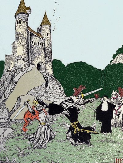 Taistelu kuningas Arthurin (Artus) ja mustan ritarin välillä lumoavan Merlinin läsnä ollessa. Kuvitus: Howard Pyle (1853 - 1911), yhdysvaltalainen kuvittaja tekijältä Howard Pyle