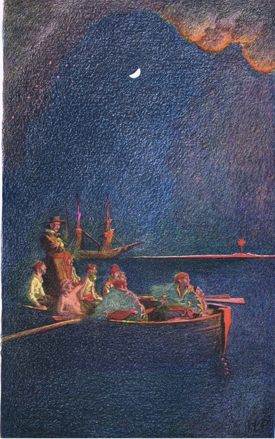Laivan polttaminen, Harper & Brosin julkaisemasta Howard Pyles Book of Pirates -kirjasta, 1921 tekijältä Howard Pyle
