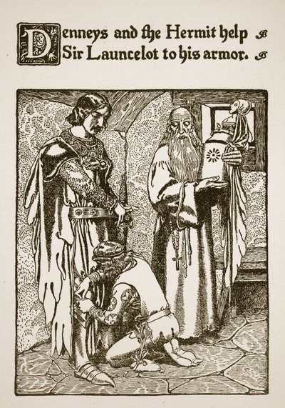 Denneys ja erakko auttavat Sir Launcelotin panssariin, kuvitus teoksesta "Sir Launcelotin ja hänen seuralaistensa tarina", 1907 tekijältä Howard Pyle