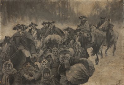 Viisi punatakkista sotilasta hevosen selässä, ja toinen oli verhoutunut silmiin asti... Heidän ympärillään oli sekalainen joukko köyhiä ihmisiä, nuoria ja vanhoja... tekijältä Howard Pyle