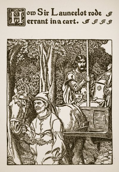 Kuinka Sir Launcelot ratsasti harhaan kärryssä, kuvitus teoksesta "Sir Launcelotin ja hänen seuralaistensa tarina", 1907 tekijältä Howard Pyle