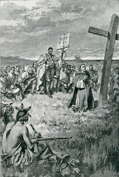 Jacques Cartier (1491-1557) pystyttää ristin Gaspeen, kuvitus Thomas Wentworth Higginsonin teoksesta "The French Voyageurs", julkaistu Harper