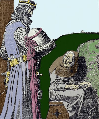 Kuningas Arthur (Artus) ja noita. Kuvitus: Howard Pyle (1853 - 1911), yhdysvaltalainen kuvittaja. tekijältä Howard Pyle