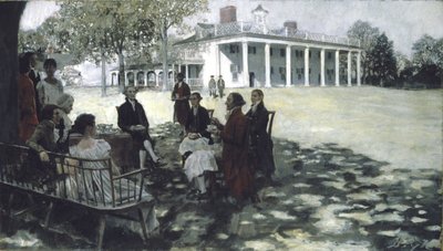 Martha ja George Washington viihdyttämässä ystäviään Mount Vernonin nurmikolla, 1898 (öljy & grisaille kankaalle) tekijältä Howard Pyle