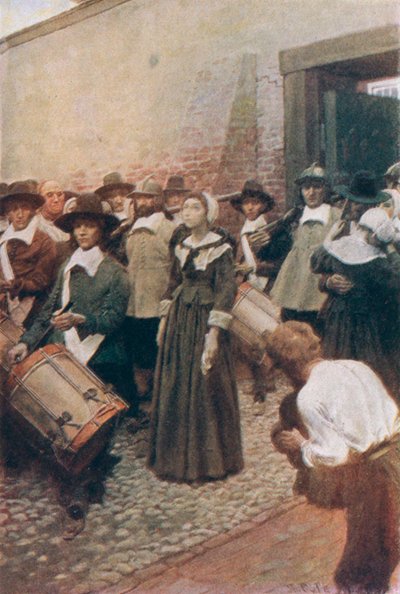 Mary Dyer matkalla rakennustelineille, kuva Basil Kingin teoksesta "The Hanging of Mary Dyer", pubi. McClure