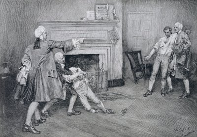 Kapteeni Tollemachen ja kapteeni Penningtonin tapaaminen "The City Armsissa", kuvitus John Austin Stevensin "Old New York Taverns" -julkaisusta, pub. Harper