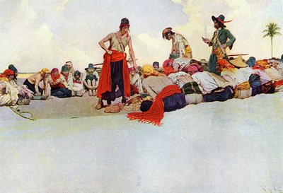 Kansanvaltuuston jakaminen piiriksi yhdistyneiden merirosvojen kesken. Kuvitus yhdysvaltalaisen kuvittajan Howard Pylen (1853-1911) teoksesta "Book of Pirates Buccaneers and Marooners of the Spanish Main" tekijältä Howard Pyle