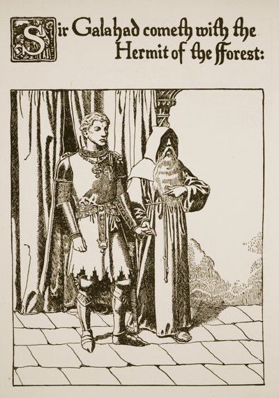 Sir Galahad tulee Metsän Erakon kanssa, kuvitus julkaisusta "Graalin tarina ja Arthurin kuolema", n. 1910 tekijältä Howard Pyle