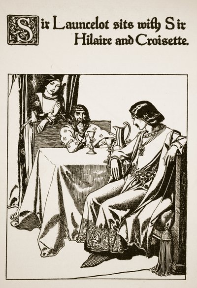 Sir Launcelot istuu Sir Hilairen ja Croisetten kanssa, esimerkki teoksesta "Pyöreän pöydän mestarien tarina" tekijältä Howard Pyle