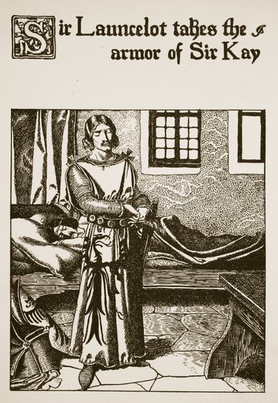 Sir Launcelot ottaa Sir Kayn panssarin, joka on esimerkki teoksesta The Story of the Champions of the Round Table tekijältä Howard Pyle