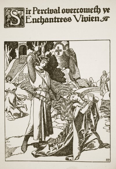 Sir Percival voitti lumotar Vivienin, esimerkki teoksesta "Pyöreän pöydän mestareiden tarina" tekijältä Howard Pyle