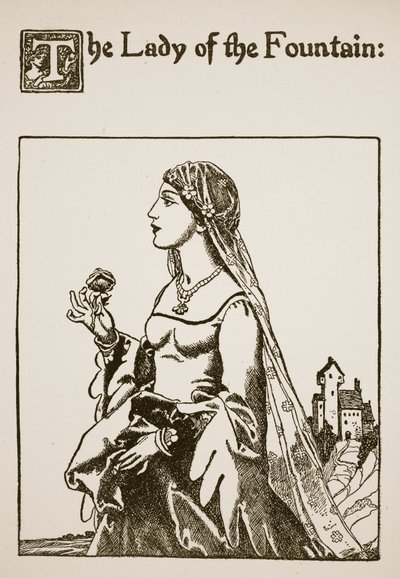 The Lady of the Fountain, kuvitus elokuvasta Tarina Sir Launcelotista ja hänen seuralaisistaan, 1907 tekijältä Howard Pyle