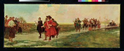 The Landing of Carteret in New Jersey (öljy kankaalle) tekijältä Howard Pyle