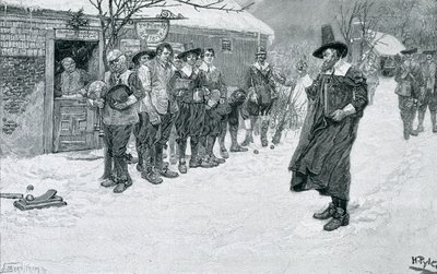 Puritaaninen kuvernööri keskeyttämässä jouluurheilun, kaiverrus J. Bernstrom, kuvitus George William Curtisin teoksesta "Christmas", pub. Harper