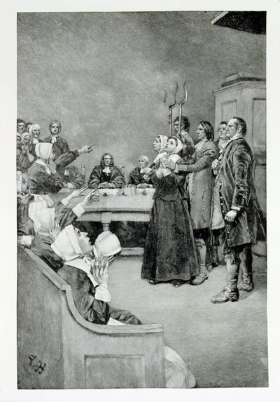 The Trial of a Witch, kuvitus Mary E. Wilkinsin teoksesta Giles Corey, Yeoman, pub. Harper