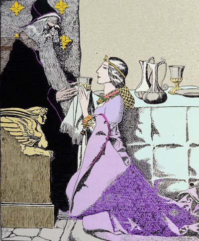 Viviane-maksu kiehtoo Merlin the Enchanter. Kuvitus: Howard Pyle (1853 - 1911), yhdysvaltalainen kuvittaja tekijältä Howard Pyle