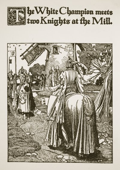 Valkoinen mestari tapaa kaksi ritaria tehtaalla, kuvitus elokuvasta "Kuningas Arthurin ja hänen ritariensa tarina", 1903 tekijältä Howard Pyle