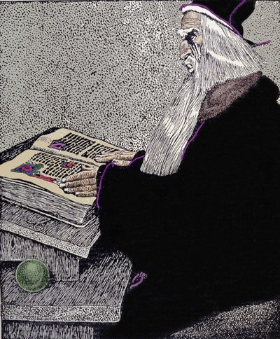 Taikuri Merlin. Amerikkalaisen pilapiirtäjän Howard Pylen (1853 - 1911) kuvitus "Kuningas Arthurin ja hänen ritariensa tarina" tekijältä Howard Pyle