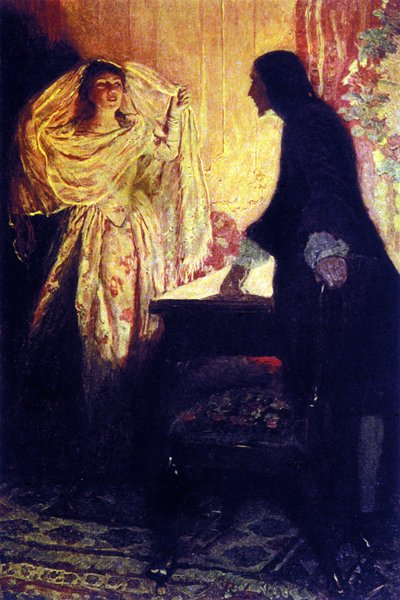 Tapaaminen kapteeni Keithin tyttären kanssa. Kuvitus yhdysvaltalaisen kuvittajan Howard Pylen (1853-1911) teoksesta "Pirates Buccaneers and Marooners of the Spanish Main" tekijältä Howard Pyle