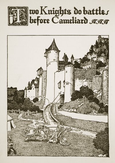 Kaksi ritaria taistelee Cameliardia vastaan, kuvitus artikkelista "The Story of King Arthur and his Knights", 1903 tekijältä Howard Pyle