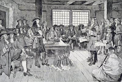 William Penn konferenssissa kolonistien kanssa, kuva "William Pennin ensimmäinen vierailu Amerikkaan" -pubista. Harper