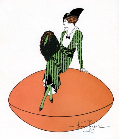 Vintage kuva flapperista, joka istuu jättiläisjalkapallolla tekijältä Howard R. Cort