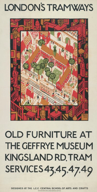 "Old Furniture at The Geffrye Museum", Lontoon kreivikunnanvaltuusto LCC Tramways -juliste, 1924 tekijältä Howard Spear