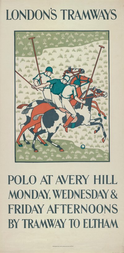 "Polo at Avery Hill", Lontoon kreivikuntaneuvoston LCC Tramways -juliste, 1923 tekijältä Howard Spear
