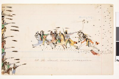 Sand Creekin joukkomurhassa, 1874-75 (kynä, muste ja wc pääkirjapaperilla) tekijältä Howling Wolf