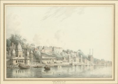 Benares Ganges-joella (lyijykynä, kynä ja muste ja w/c paperilla) tekijältä Hubert Cornish