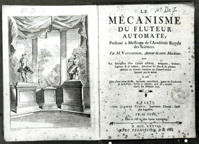 Automaatti, kuva Jacques de Vaucansonin Le Mecanisme du fluteur automate -teoksen etukappaleesta, kaiverrus Francois Vivares (1709-80) 1738 tekijältä Hubert Francois Gravelot