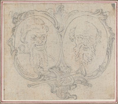 Double Cartouche kahdella päällä ja maineen ja hulluuden symboleilla tekijältä Hubert Francois Gravelot