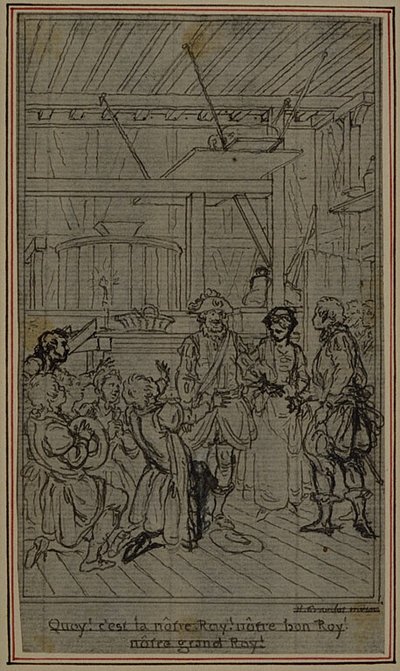 Opinnäytetyö vinjetti-etukuvaa varten Collein teokseen "La Partie de Chasse de Henri IV", III näytös. tekijältä Hubert Francois Gravelot