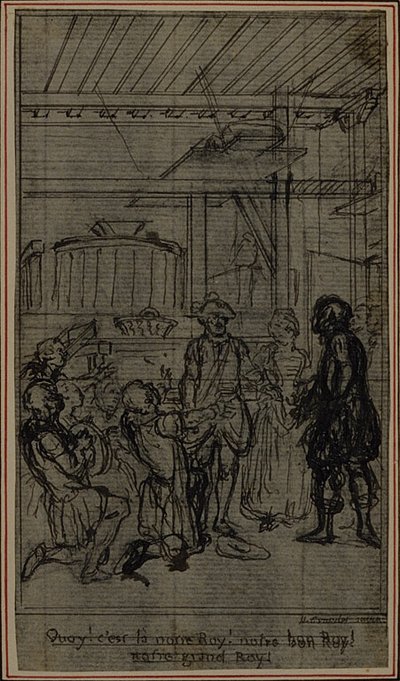 Opinnäytetyö vinjetti-etukuvaa varten Collein teokseen "La Partie de Chasse de Henri IV", III näytös. tekijältä Hubert Francois Gravelot