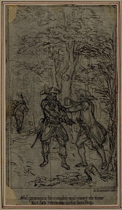 Opinnäytetyö vinjetti-etukuvaa varten Collein teokseen "La Partie de Chasse de Henri IV", II näytös. tekijältä Hubert Francois Gravelot