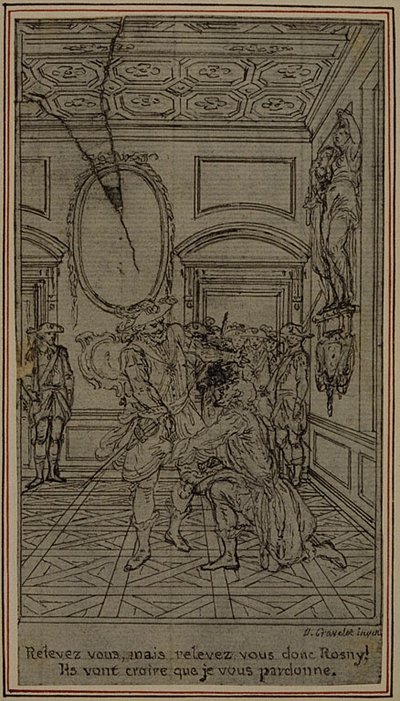 Opinnäytetyö vinjetti-etukuvaa varten Collein teokseen "La Partie de Chasse de Henri IV", I näytös. tekijältä Hubert Francois Gravelot
