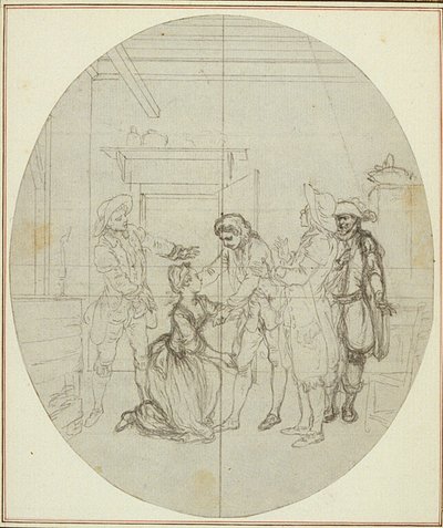 Tutkimus Collein teoksen "La Partie de Chasse de Henri IV" toista, koskaan julkaisematonta painosta varten, III näytös, kohtaus 11. tekijältä Hubert Francois Gravelot