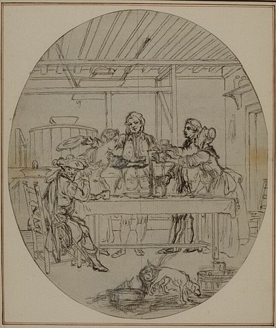 Tutkimus Collein teoksen "La Partie de Chasse de Henri IV" toista, koskaan julkaisematonta painosta varten, III näytös, kohtaus 10. tekijältä Hubert Francois Gravelot