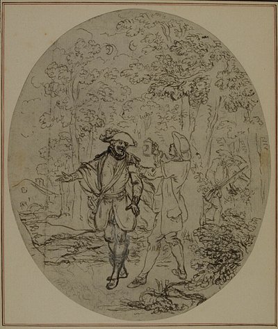Tutkimus Collein teoksen "La Partie de Chasse de Henri IV" toista, koskaan julkaisematonta painosta varten, II näytös, kohtaus 11. tekijältä Hubert Francois Gravelot