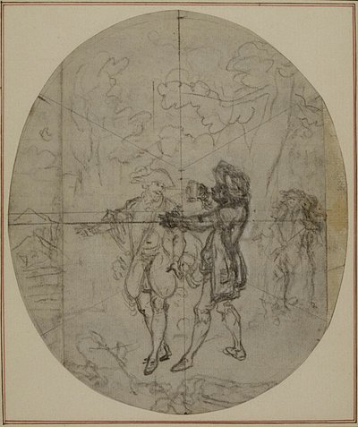 Tutkimus Collein teoksen "La Partie de Chasse de Henri IV" toista, koskaan julkaisematonta painosta varten, II näytös, kohtaus 11. tekijältä Hubert Francois Gravelot