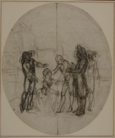 Tutkimus Collein teoksen "La Partie de Chasse de Henri IV" toista, koskaan julkaisematonta painosta varten, III näytös, kohtaus 11. tekijältä Hubert Francois Gravelot